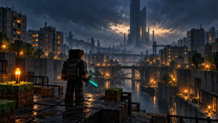 Concept illustration of Minecraft blocks in Half-Life 2’s City 17.