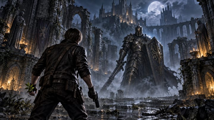 Concept illustration of a survival adventurer facing an armored knight in dark fantasy ruins.