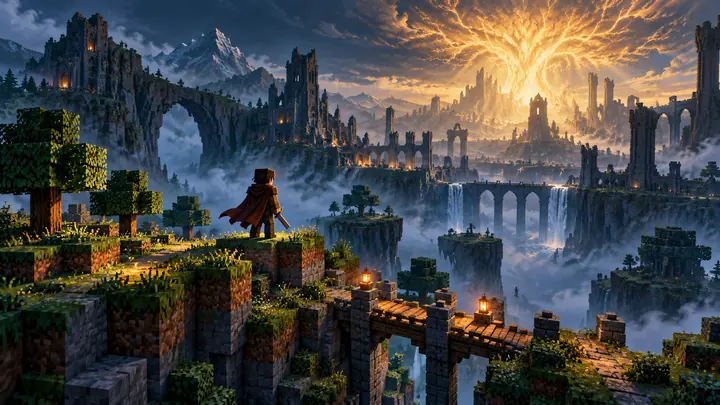 Concept art of block-built terrain and a bridge overlooking a dark fantasy landscape for Minecraft Ring