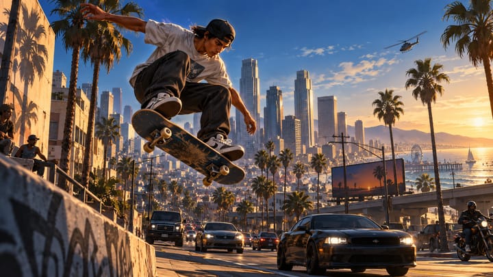 Concept illustration of a skateboarder above a sunlit coastal city street.