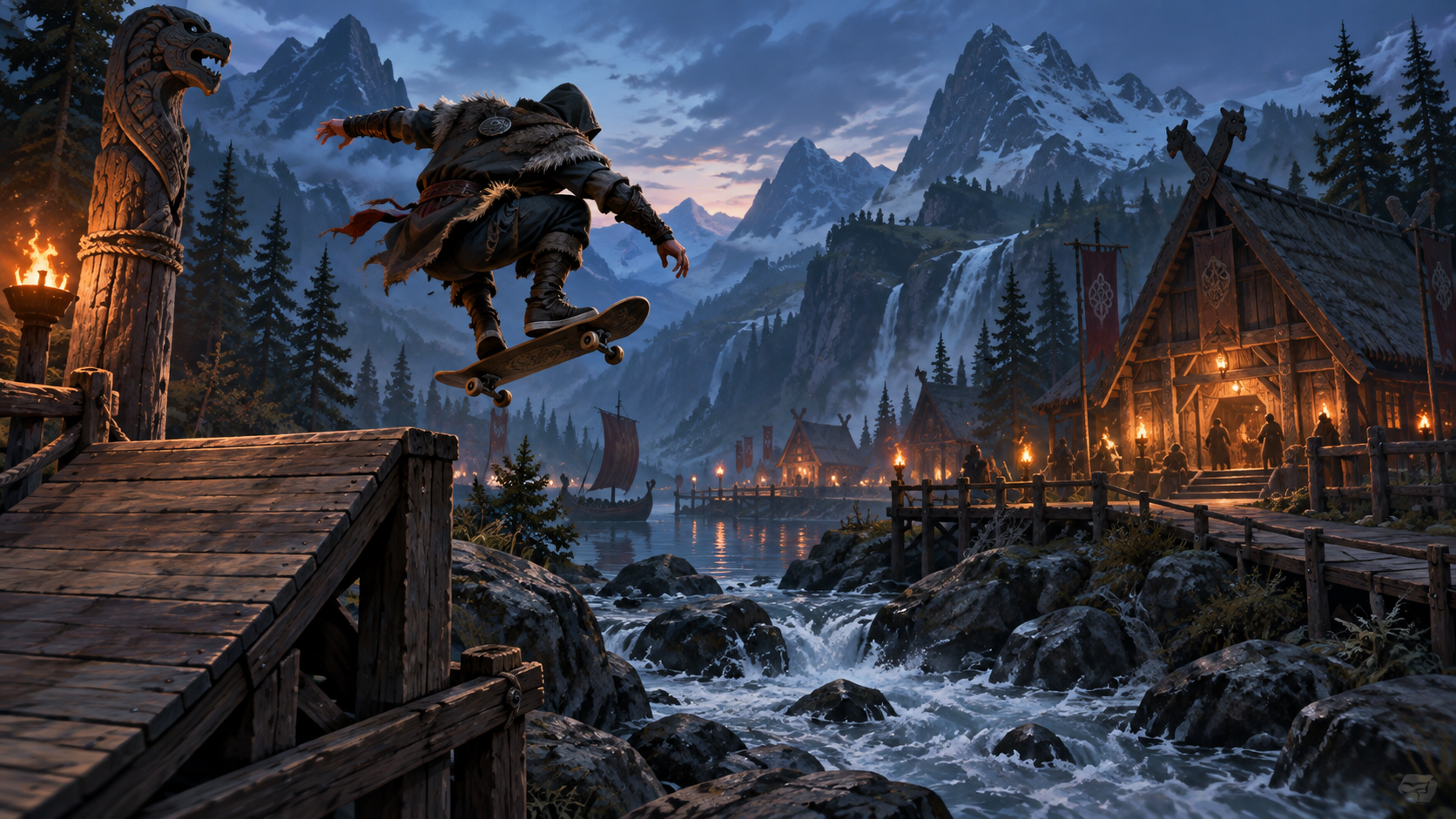 Concept illustration of a skateboard jump over a Nordic village.