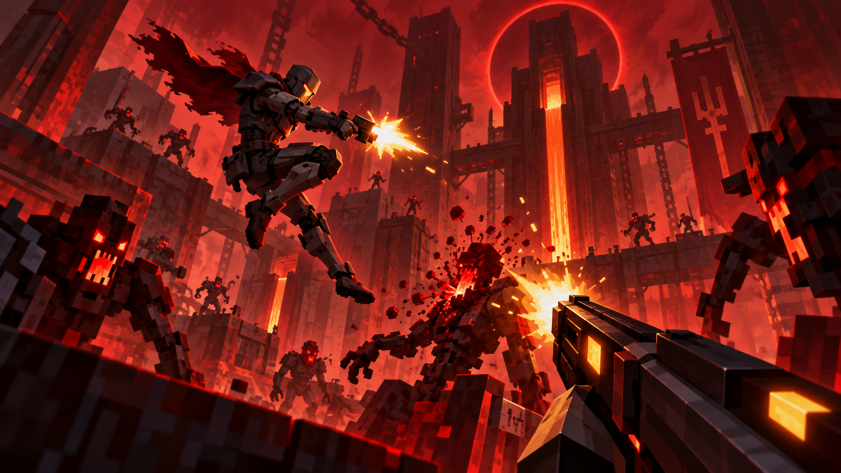 Concept illustration of fast combat in a voxel arena.